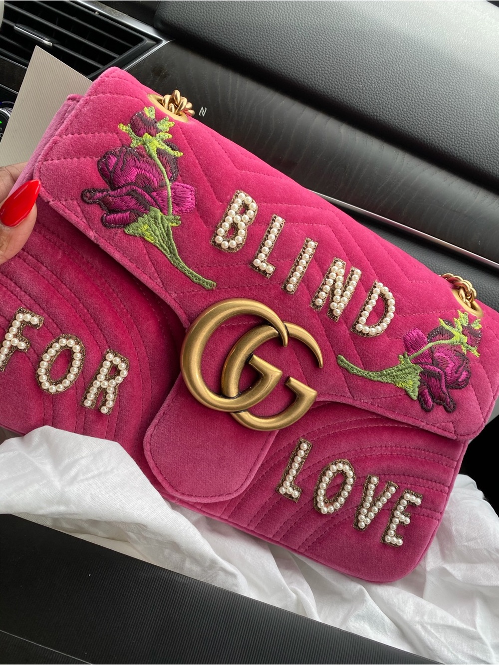 Gucci Pink Velvet 'Blind for Love' Embroidered Pearl Shoulder Bag